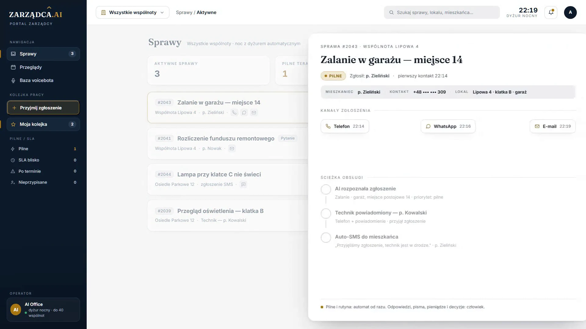 Przykładowy ekran portalu ZARZĄDCA.AI z otwartą sprawą.